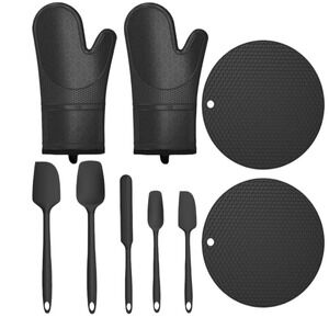 SMRCAD 9pc Silicone Kitchen Set Oven Mitts Trivets Spatulas Black Heat Resistant